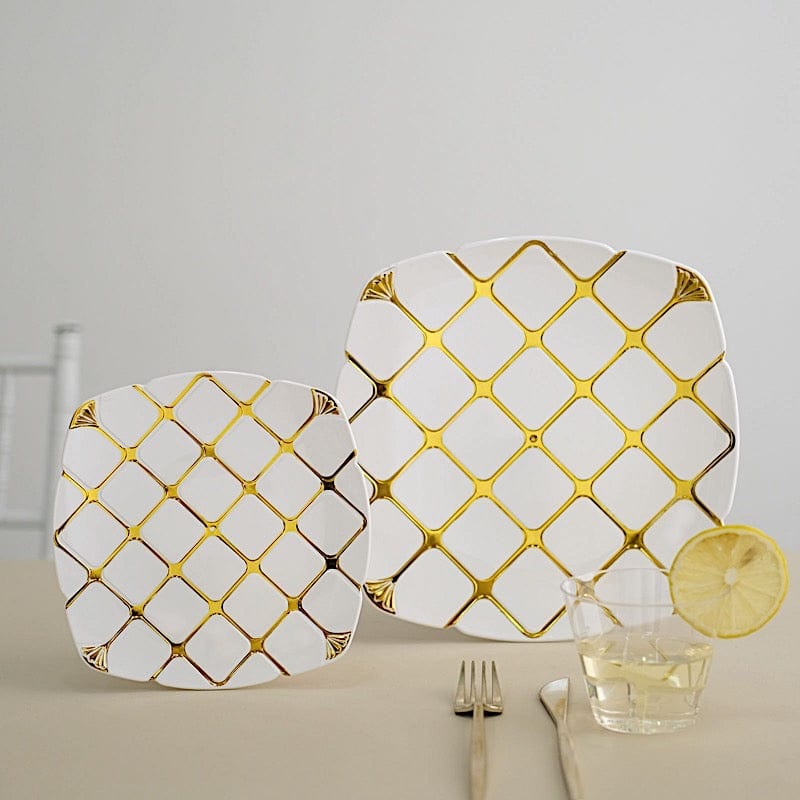 10 Disposable White Plastic Plates with Gold Geometric Design
