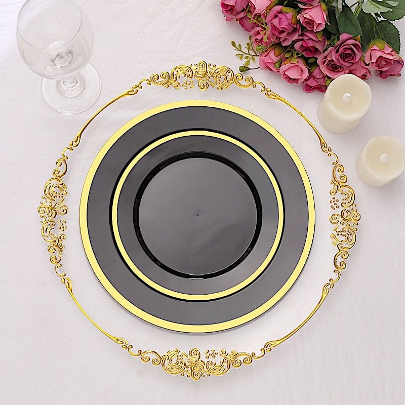 10 Disposable Round Plastic Dessert Plates with Gold Rim