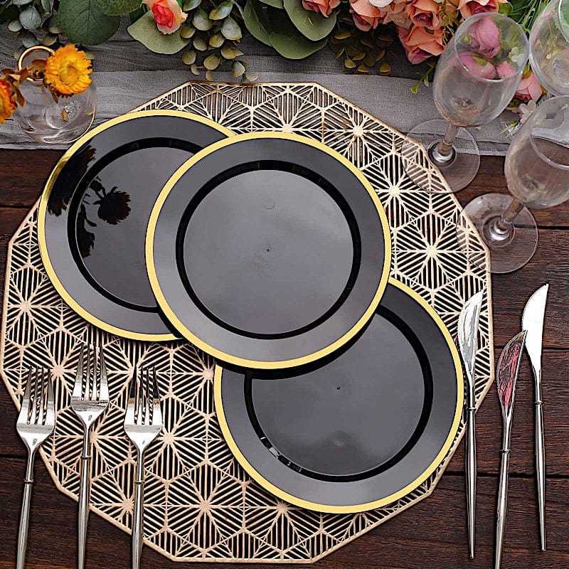 10 Disposable Round Plastic Dessert Plates with Gold Rim