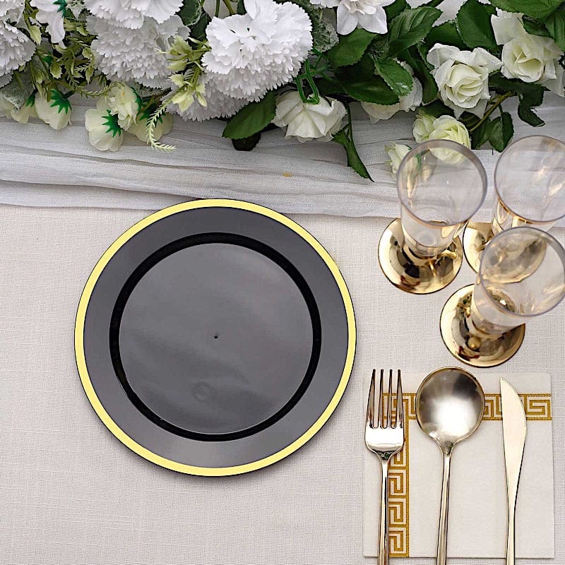 10 Disposable Round Plastic Dessert Plates with Gold Rim