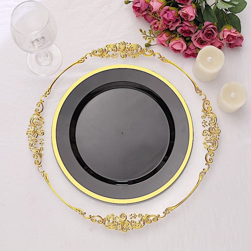 10 Disposable Round Plastic Dessert Plates with Gold Rim