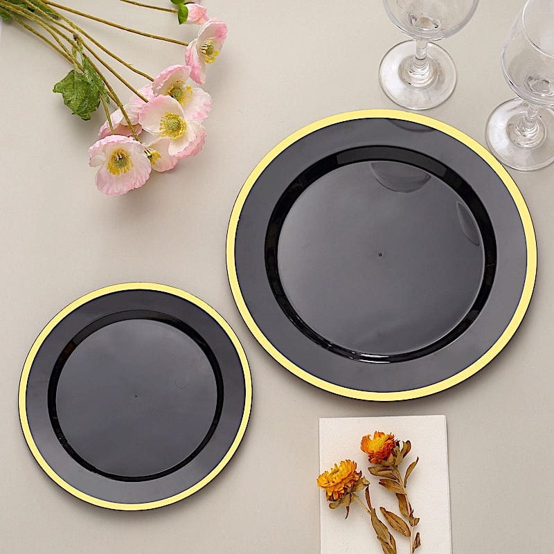 10 Disposable Round Plastic Dessert Plates with Gold Rim