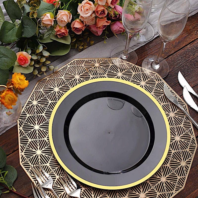 10 Disposable Round Plastic Dessert Plates with Gold Rim