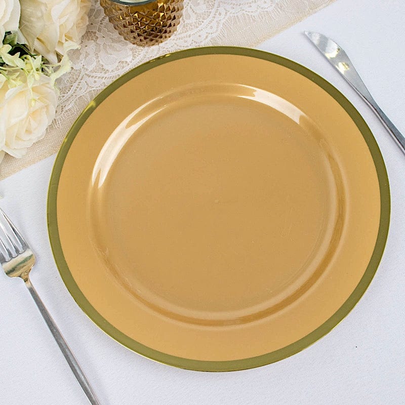 10 Disposable Round Plastic Dessert Plates with Gold Rim