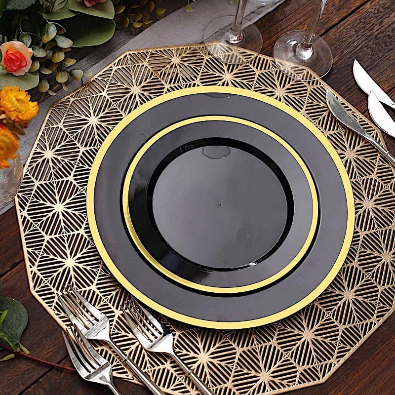 10 Disposable Round Plastic Dessert Plates with Gold Rim