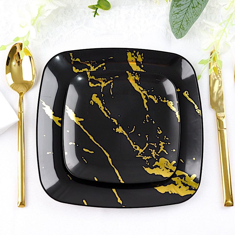 10 Metallic Marble Square Disposable Salad and Dinner Plastic Plates