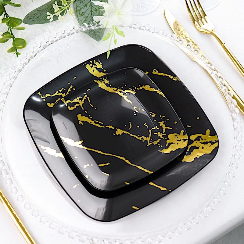 10 Metallic Marble Square Disposable Salad and Dinner Plastic Plates