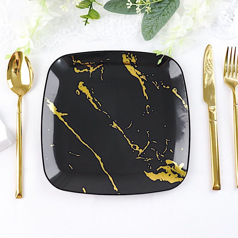 10 Metallic Marble Square Disposable Salad and Dinner Plastic Plates