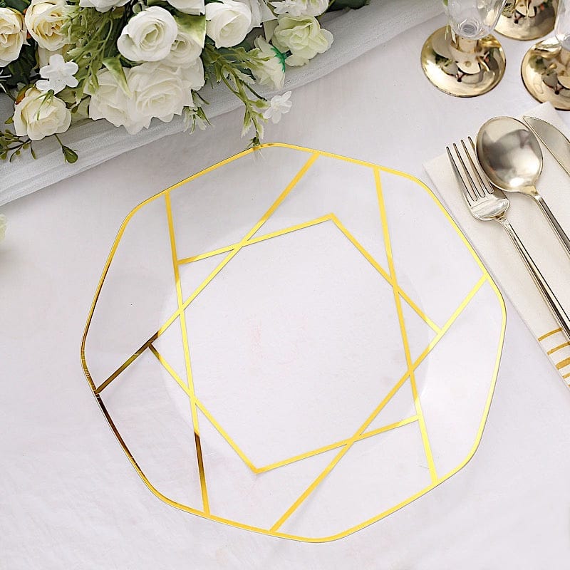 10 Octagon Disposable Salad and Dinner Plastic Plates with Gold Geometric Design