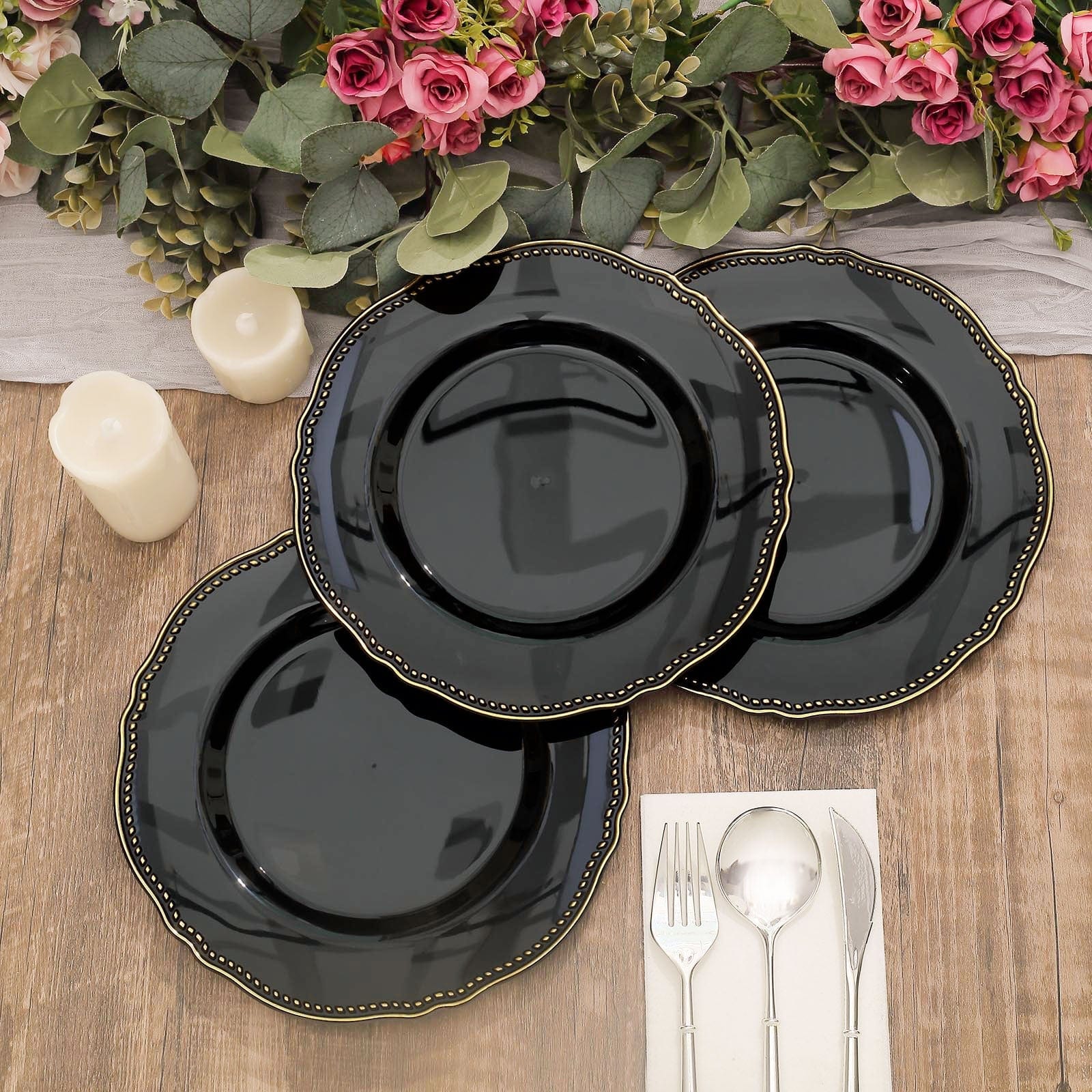 10 Round Disposable Plastic Dinner Plates with Gold Scalloped Trim
