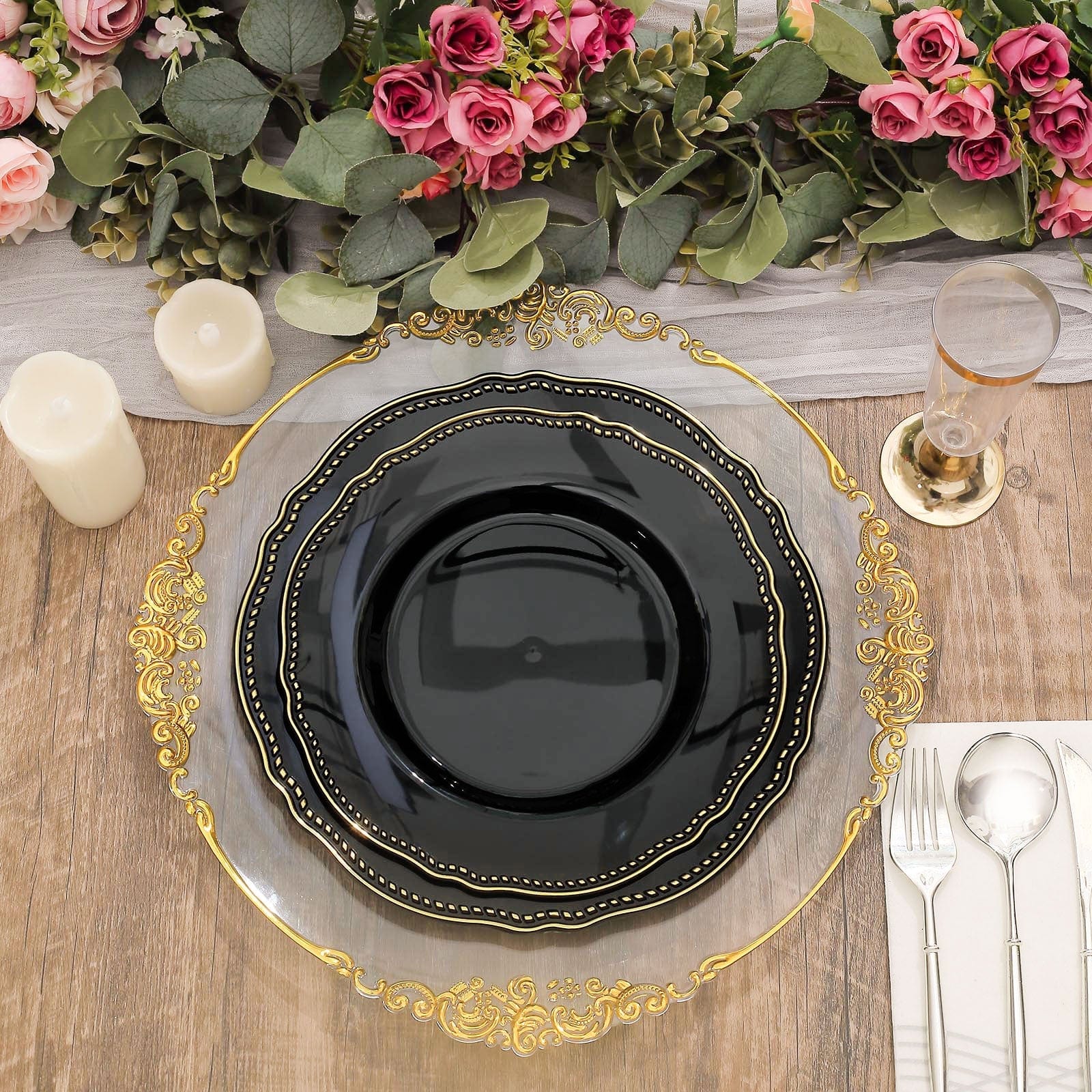 10 Round Disposable Plastic Dinner Plates with Gold Scalloped Trim