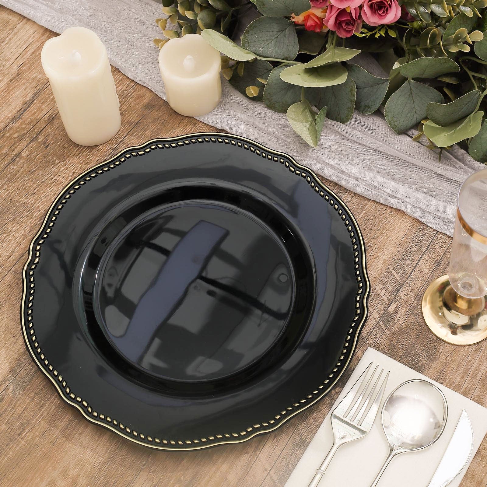 10 Round Disposable Plastic Dinner Plates with Gold Scalloped Trim