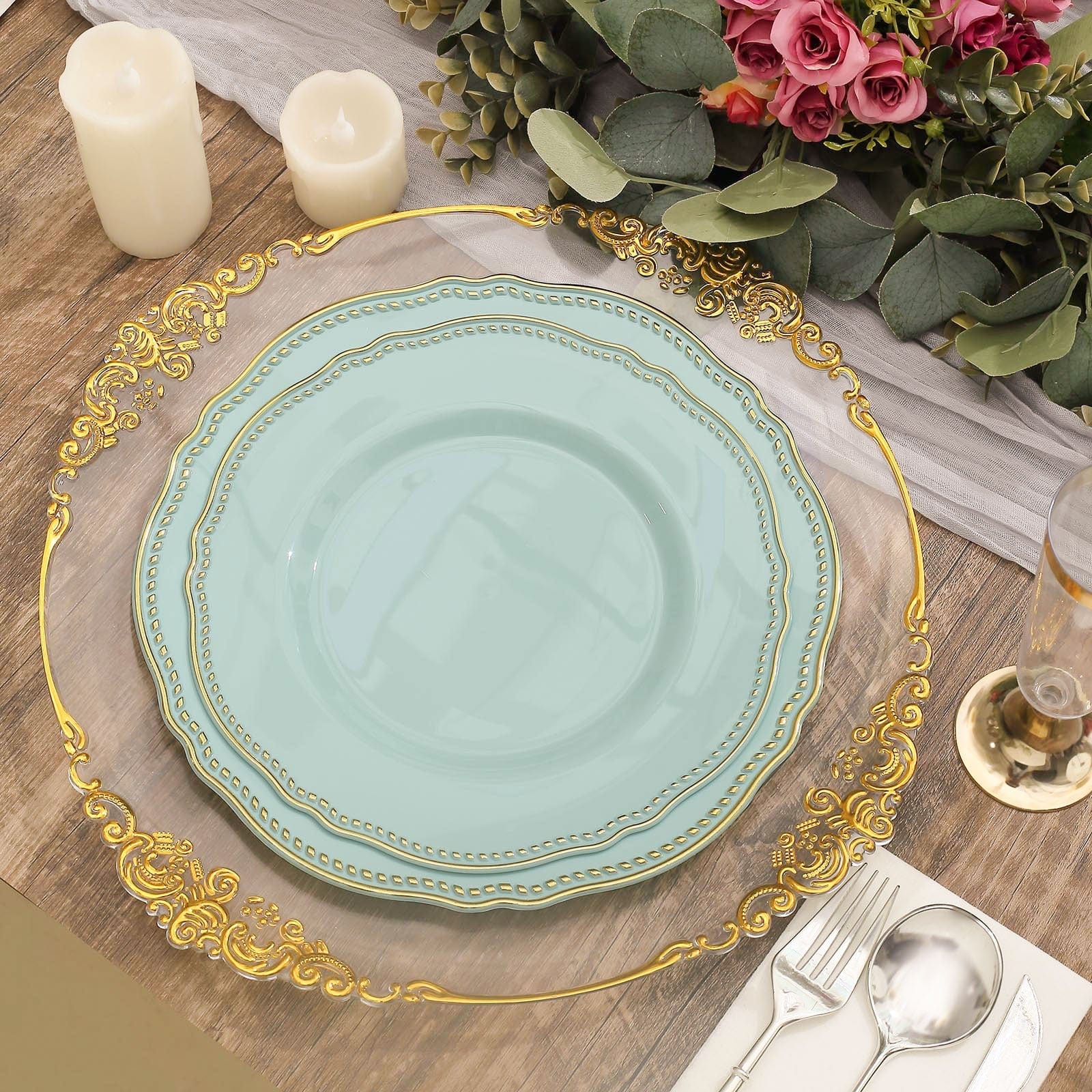 10 Round Disposable Plastic Dinner Plates with Gold Scalloped Trim