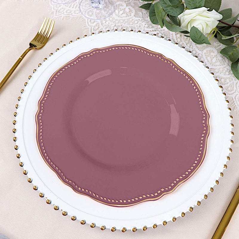 10 Round Disposable Plastic Dinner Plates with Gold Scalloped Trim