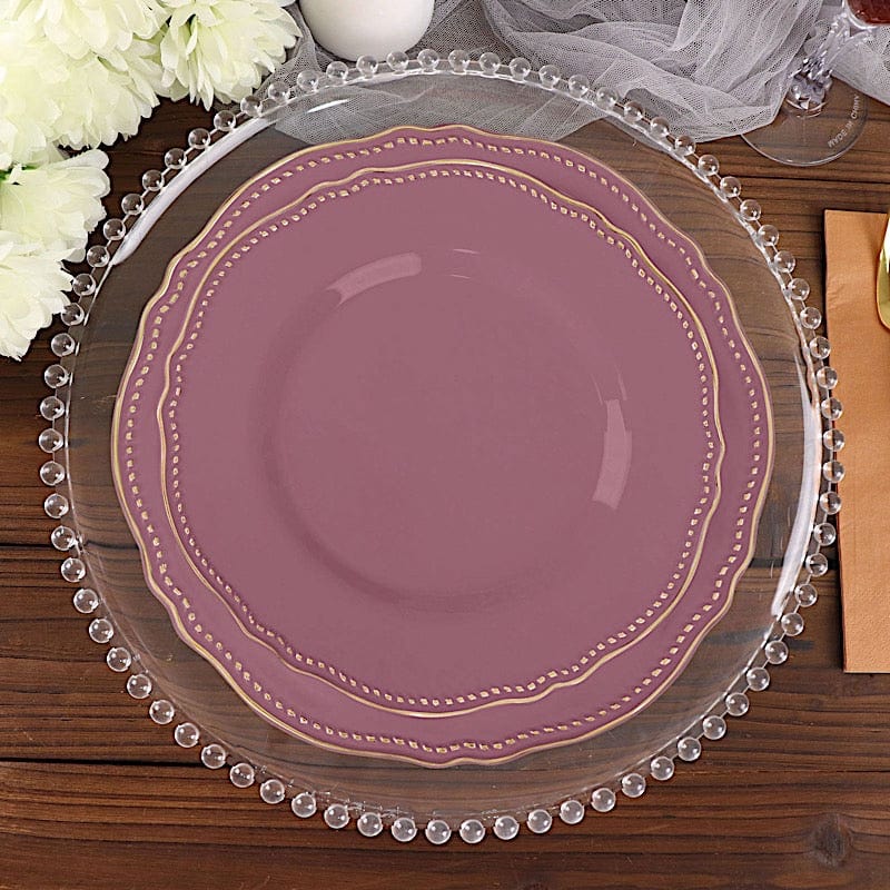 10 Round Disposable Plastic Dinner Plates with Gold Scalloped Trim