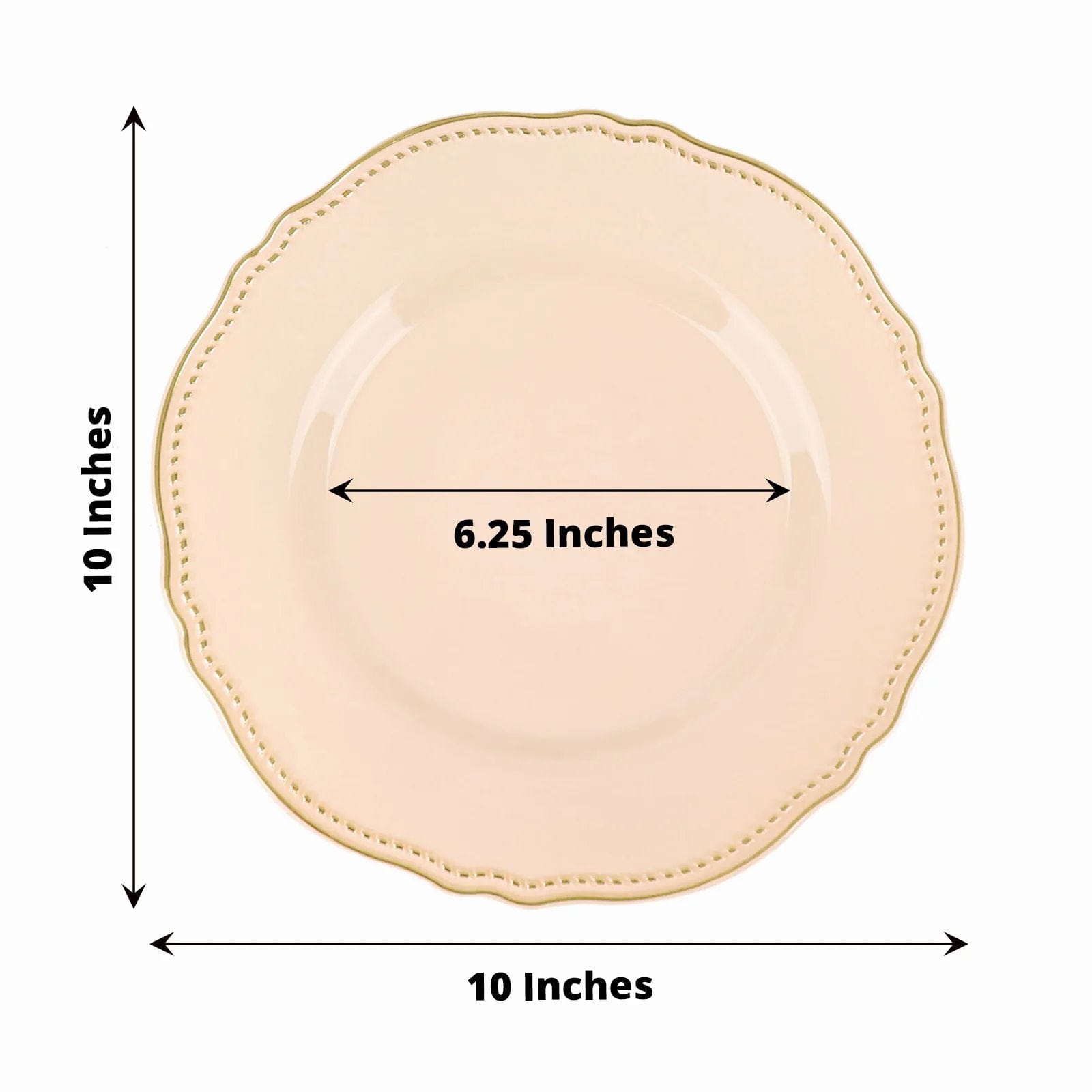 10 Round Disposable Plastic Dinner Plates with Gold Scalloped Trim