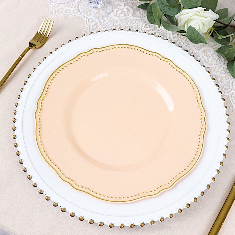 10 Round Disposable Plastic Dinner Plates with Gold Scalloped Trim