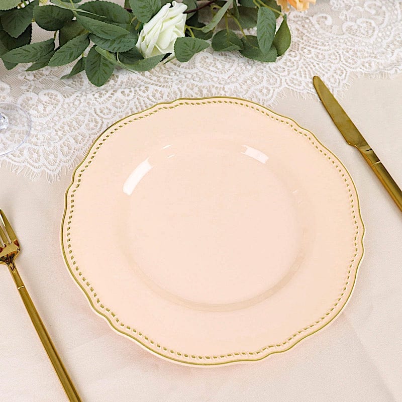 10 Round Disposable Plastic Dinner Plates with Gold Scalloped Trim