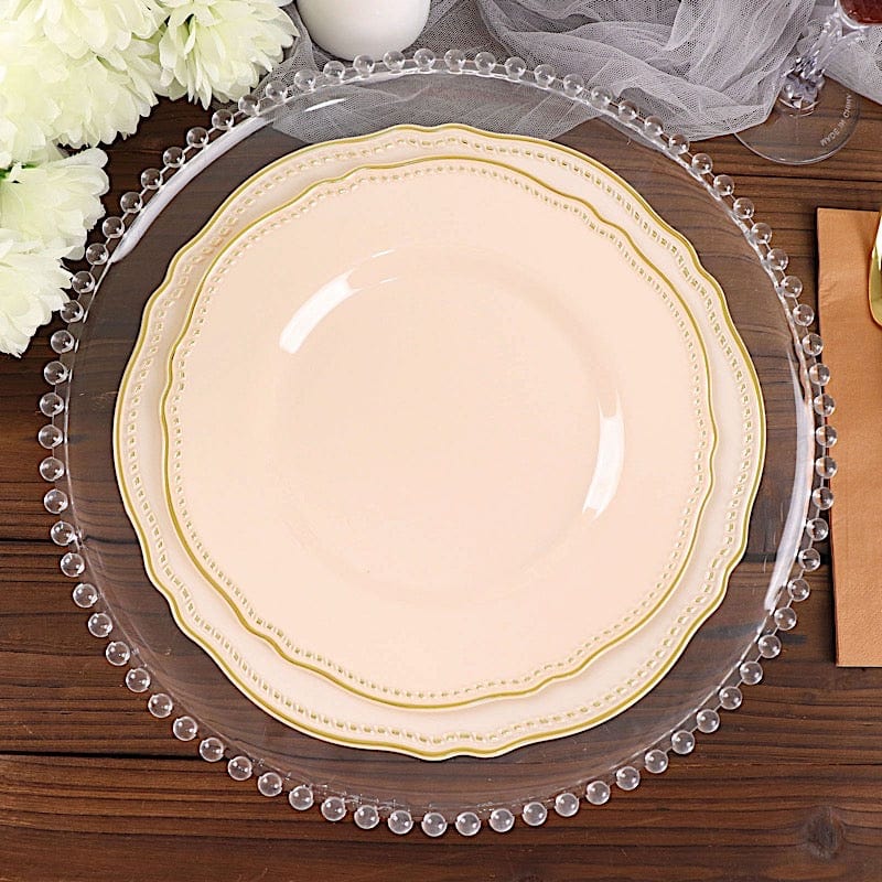10 Round Disposable Plastic Dinner Plates with Gold Scalloped Trim