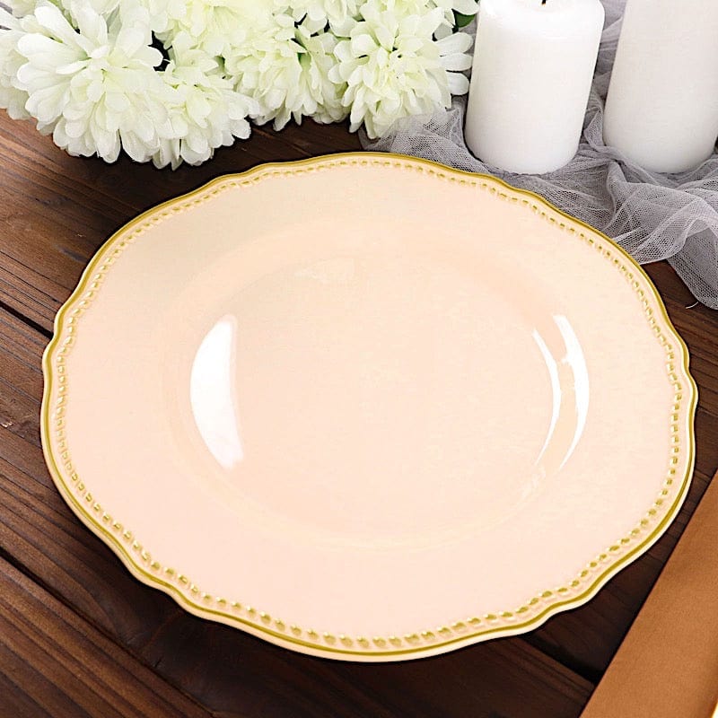 10 Round Disposable Plastic Dinner Plates with Gold Scalloped Trim