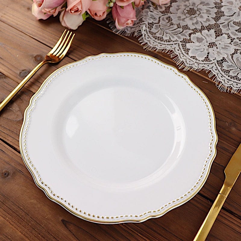 10 Round Disposable Plastic Dinner Plates with Gold Scalloped Trim