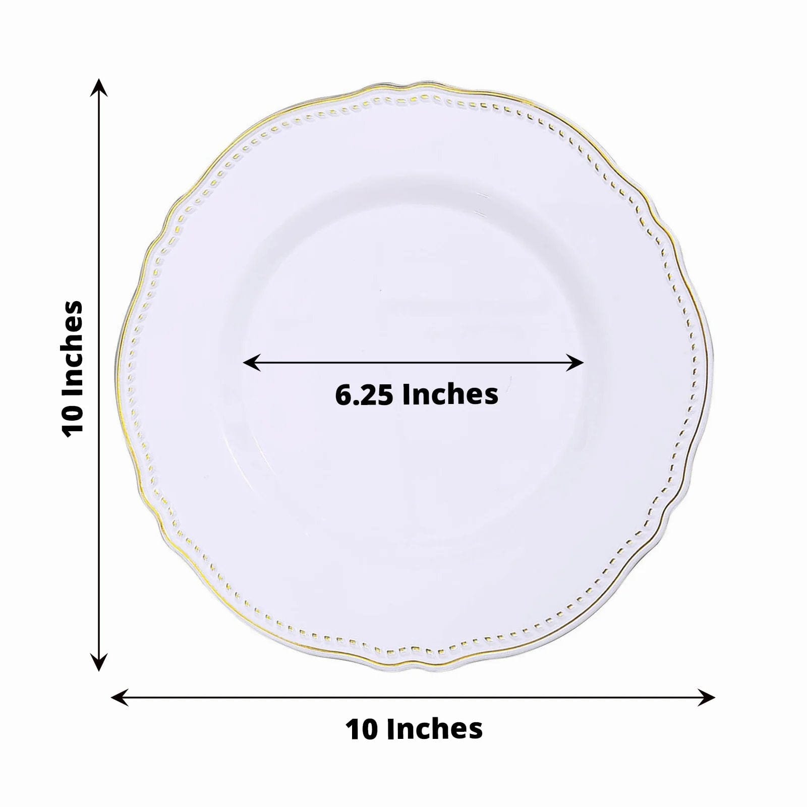 10 Round Disposable Plastic Dinner Plates with Gold Scalloped Trim