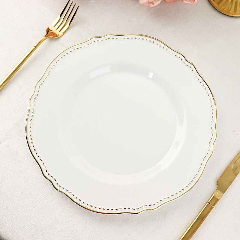 10 Round Disposable Plastic Dinner Plates with Gold Scalloped Trim
