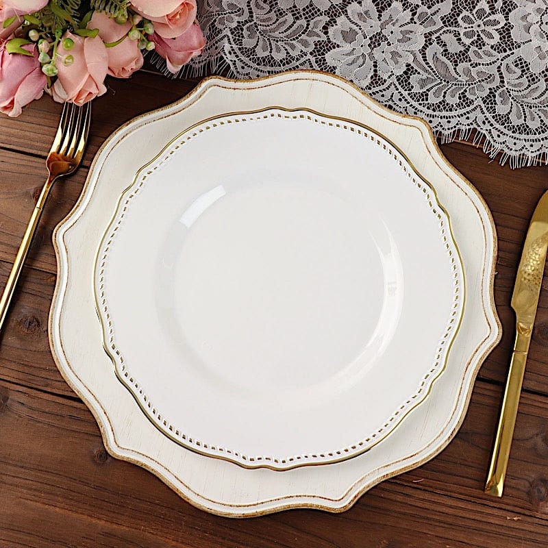 10 Round Disposable Plastic Dinner Plates with Gold Scalloped Trim
