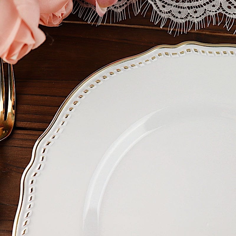 10 Round Disposable Plastic Dinner Plates with Gold Scalloped Trim