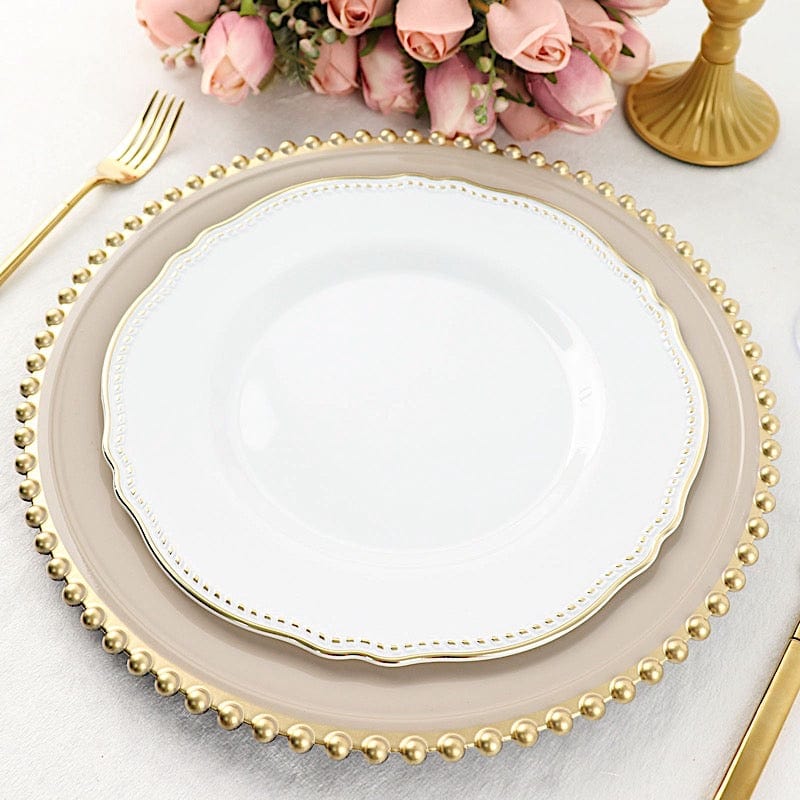 10 Round Disposable Plastic Dinner Plates with Gold Scalloped Trim