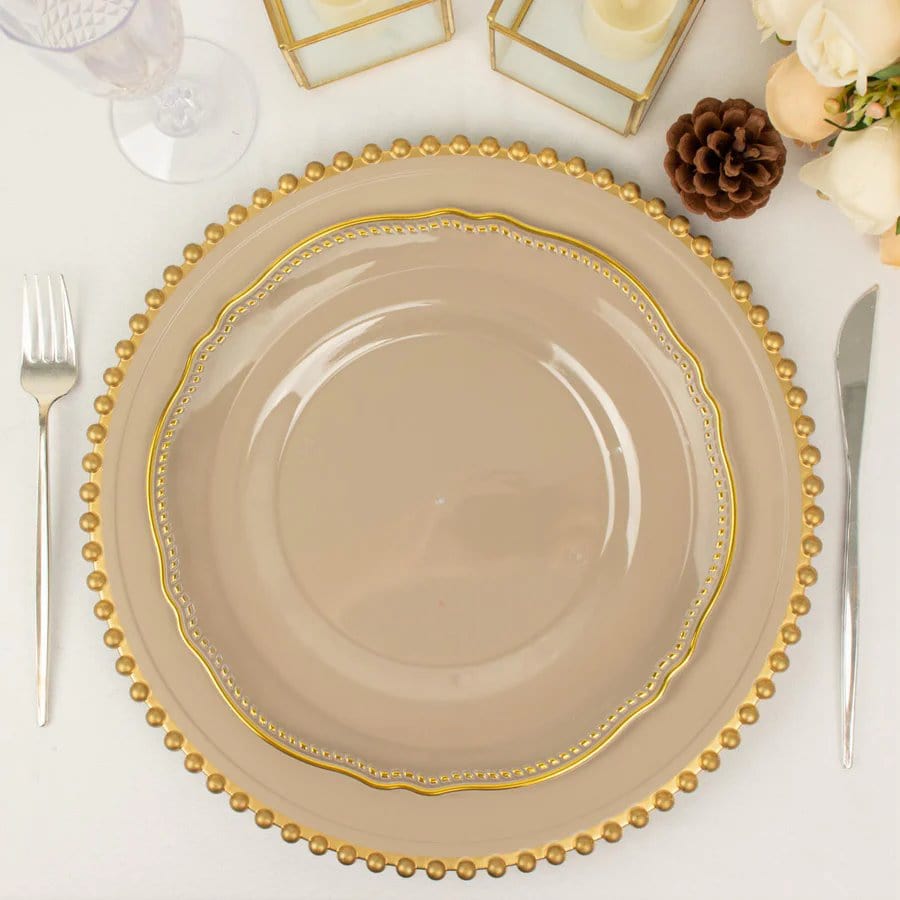 10 Round Disposable Plastic Dinner Plates with Gold Scalloped Trim