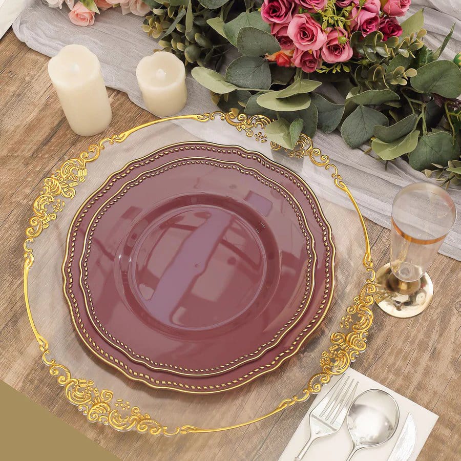 10 Round Disposable Plastic Dinner Plates with Gold Scalloped Trim