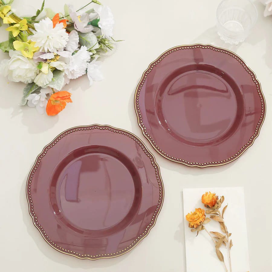 10 Round Disposable Plastic Dinner Plates with Gold Scalloped Trim