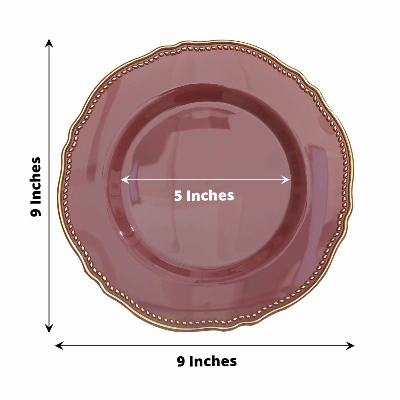 10 Round Disposable Plastic Dinner Plates with Gold Scalloped Trim