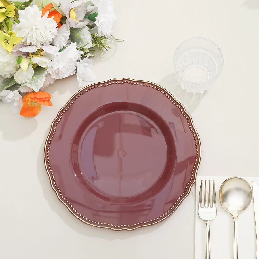 10 Round Disposable Plastic Dinner Plates with Gold Scalloped Trim