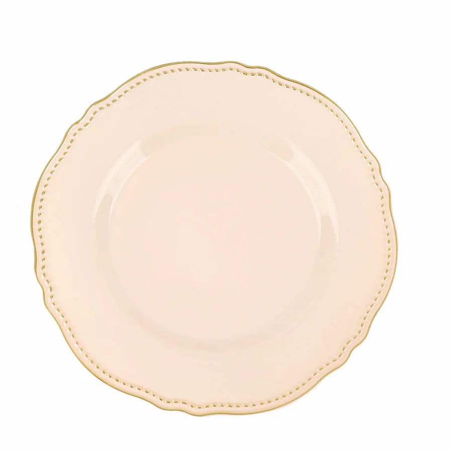 10 Round Disposable Plastic Dinner Plates with Gold Scalloped Trim