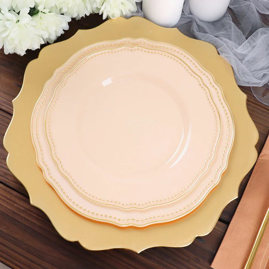 10 Round Disposable Plastic Dinner Plates with Gold Scalloped Trim