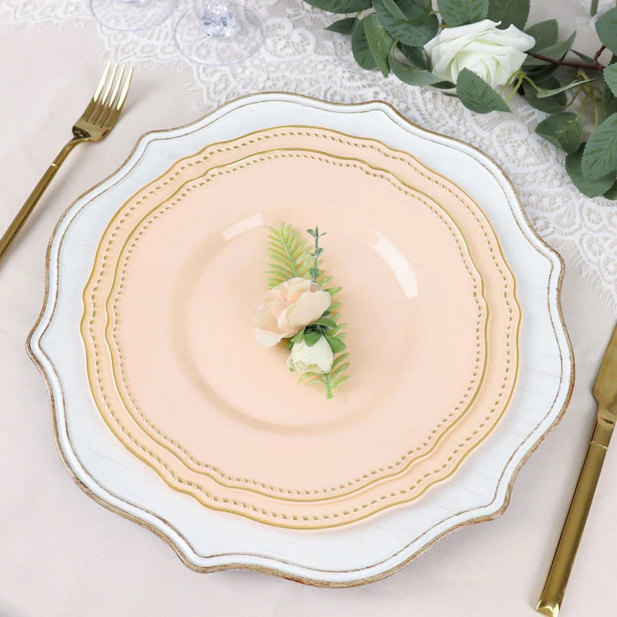 10 Round Disposable Plastic Dinner Plates with Gold Scalloped Trim