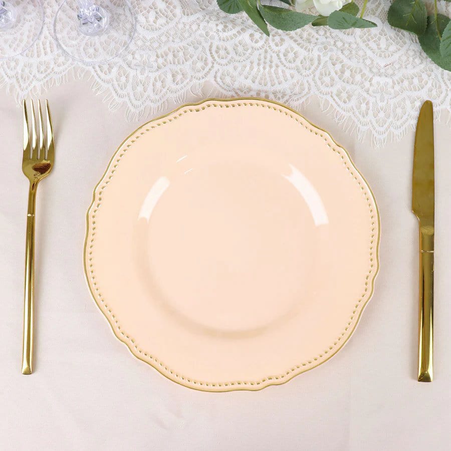 10 Round Disposable Plastic Dinner Plates with Gold Scalloped Trim