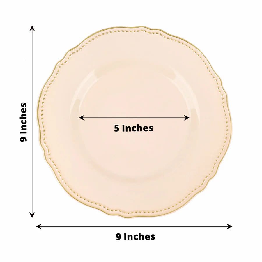 10 Round Disposable Plastic Dinner Plates with Gold Scalloped Trim