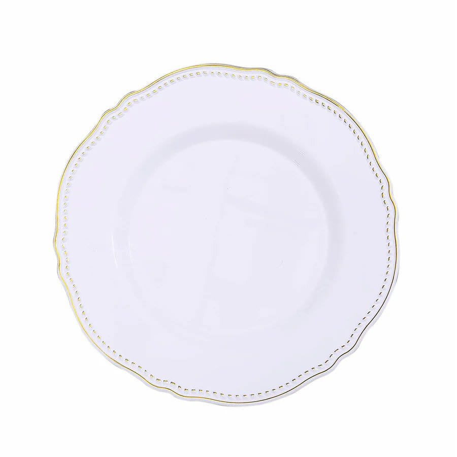 10 Round Disposable Plastic Dinner Plates with Gold Scalloped Trim