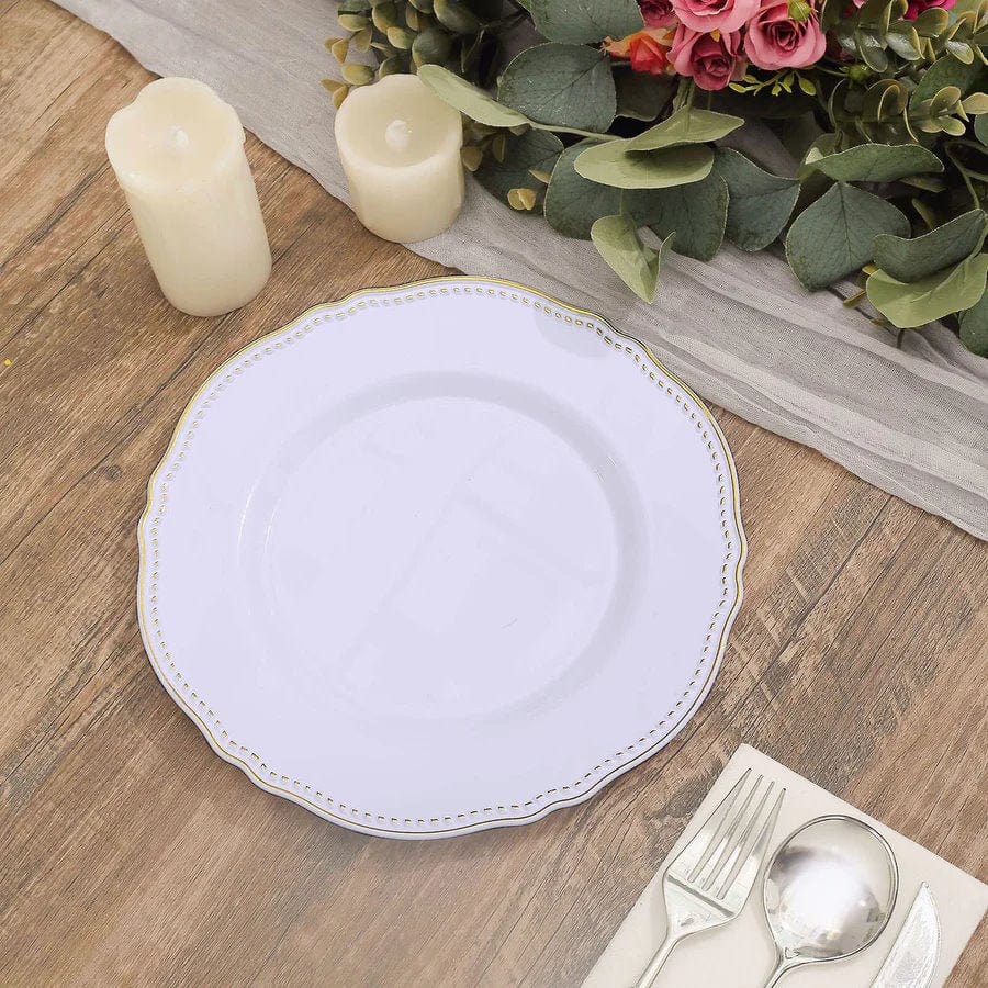 10 Round Disposable Plastic Dinner Plates with Gold Scalloped Trim