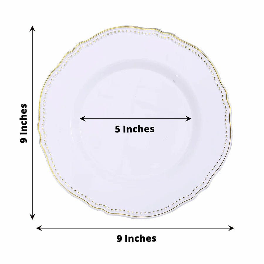 10 Round Disposable Plastic Dinner Plates with Gold Scalloped Trim