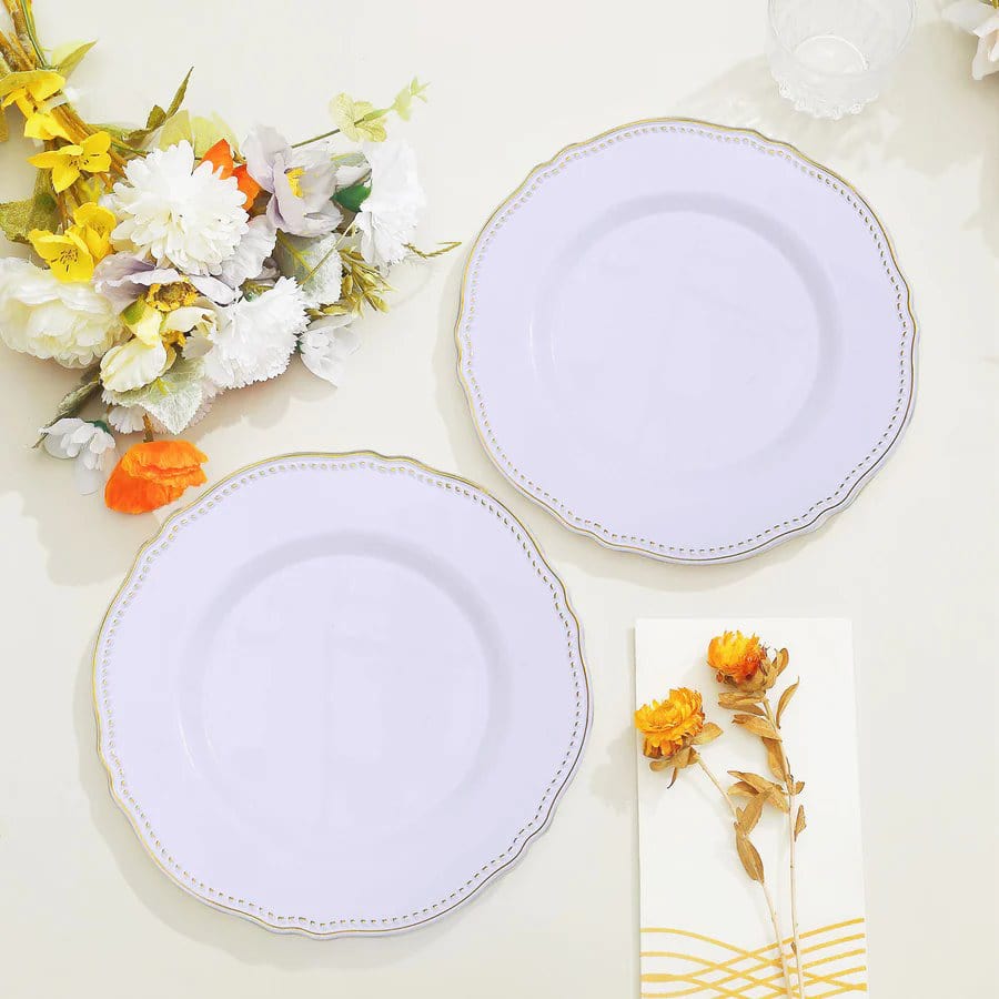 10 Round Disposable Plastic Dinner Plates with Gold Scalloped Trim