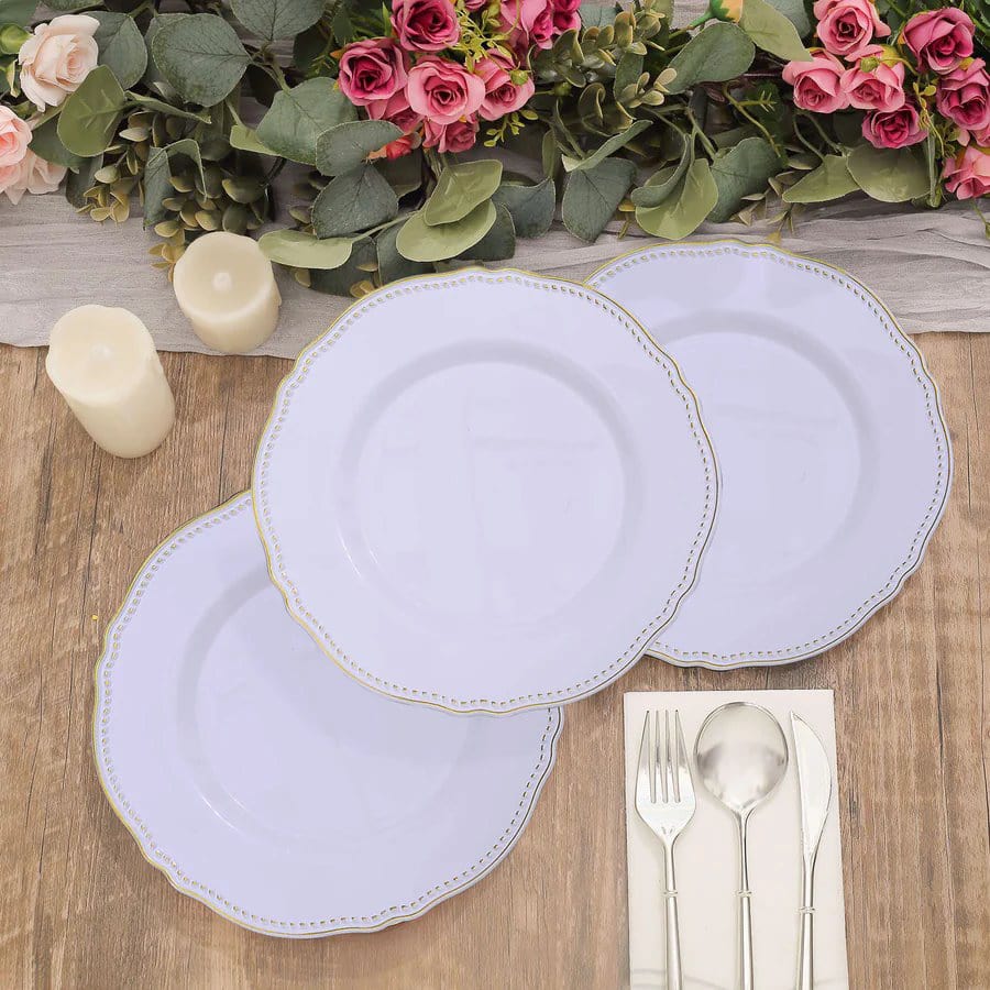 10 Round Disposable Plastic Dinner Plates with Gold Scalloped Trim