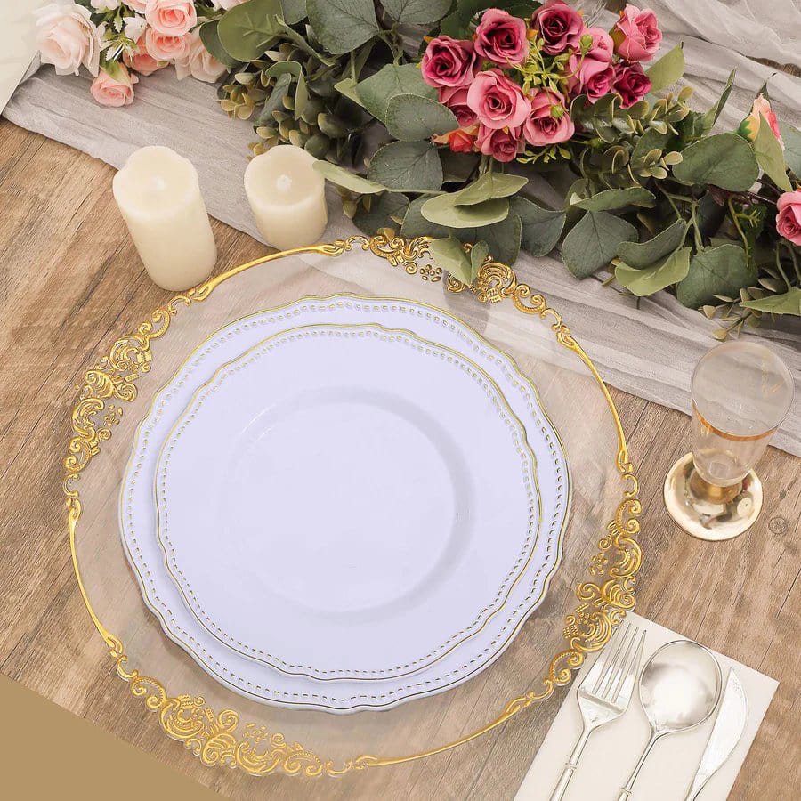 10 Round Disposable Plastic Dinner Plates with Gold Scalloped Trim