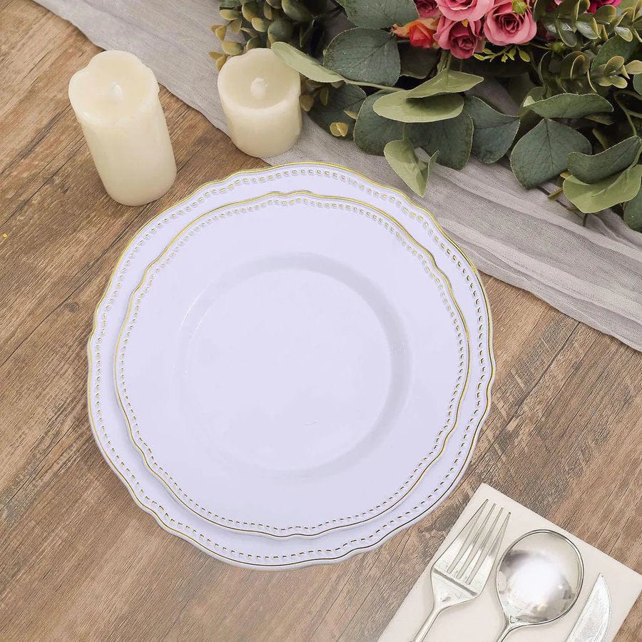10 Round Disposable Plastic Dinner Plates with Gold Scalloped Trim