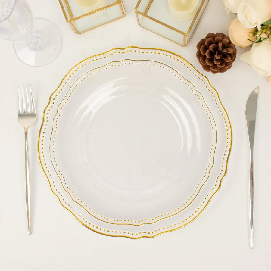 10 Round Disposable Plastic Dinner Plates with Gold Scalloped Trim