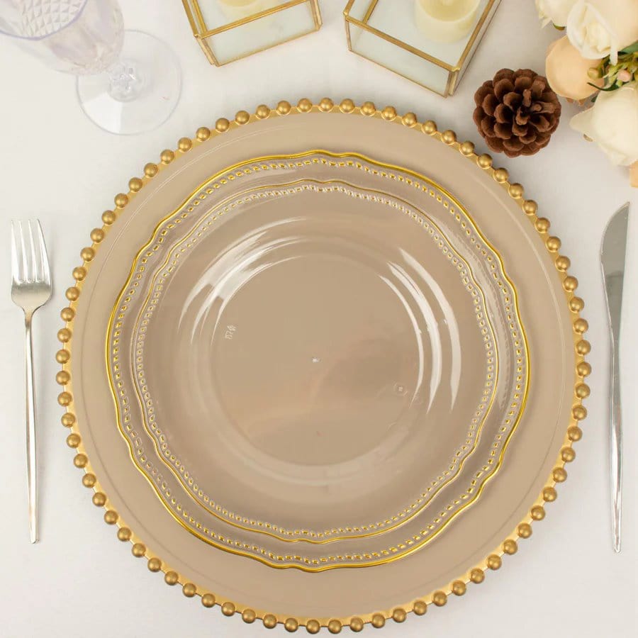 10 Round Disposable Plastic Dinner Plates with Gold Scalloped Trim
