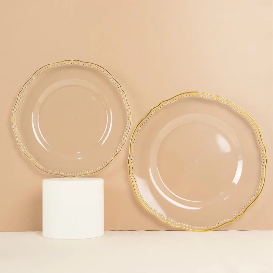 10 Round Disposable Plastic Dinner Plates with Gold Scalloped Trim